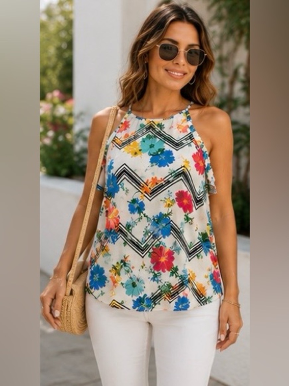 Candie’s Floral Chevron Cold Shoulder Tunic Top Size Small